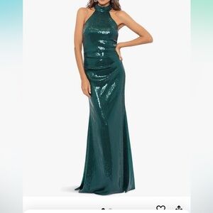 Emerald green halter style long dress.